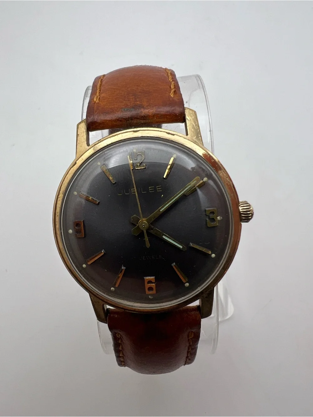 Jubilee Vintage Gold-Tone Wristwatch with Brown Leather Strap